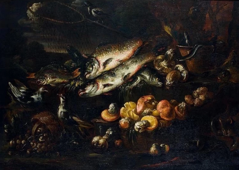Nature morte aux poissons et champignons